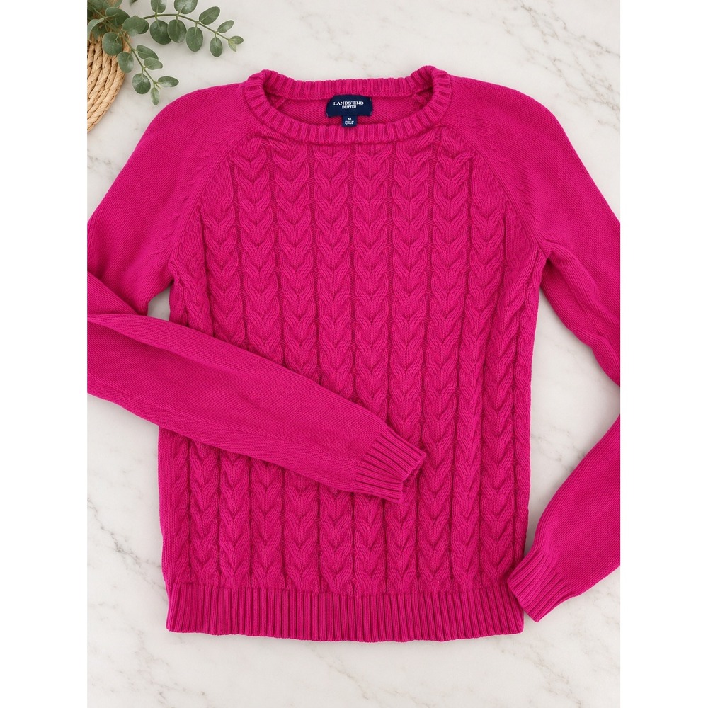 Lands End Drifter Sweater Women M Pink Cable Knit Cotton Crewneck